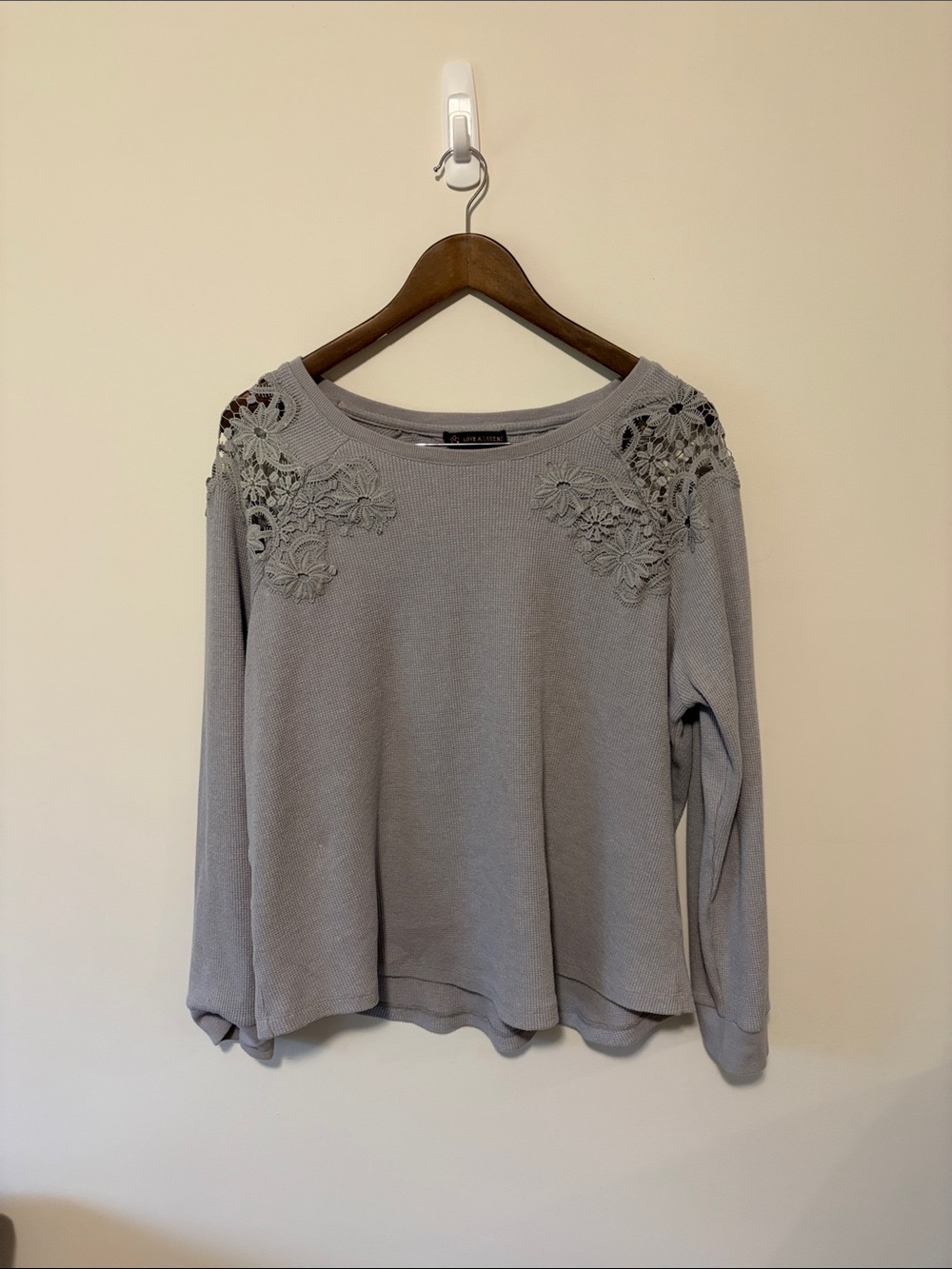 Love & Legend Light Gray Floral Lace Shoulder Sweater